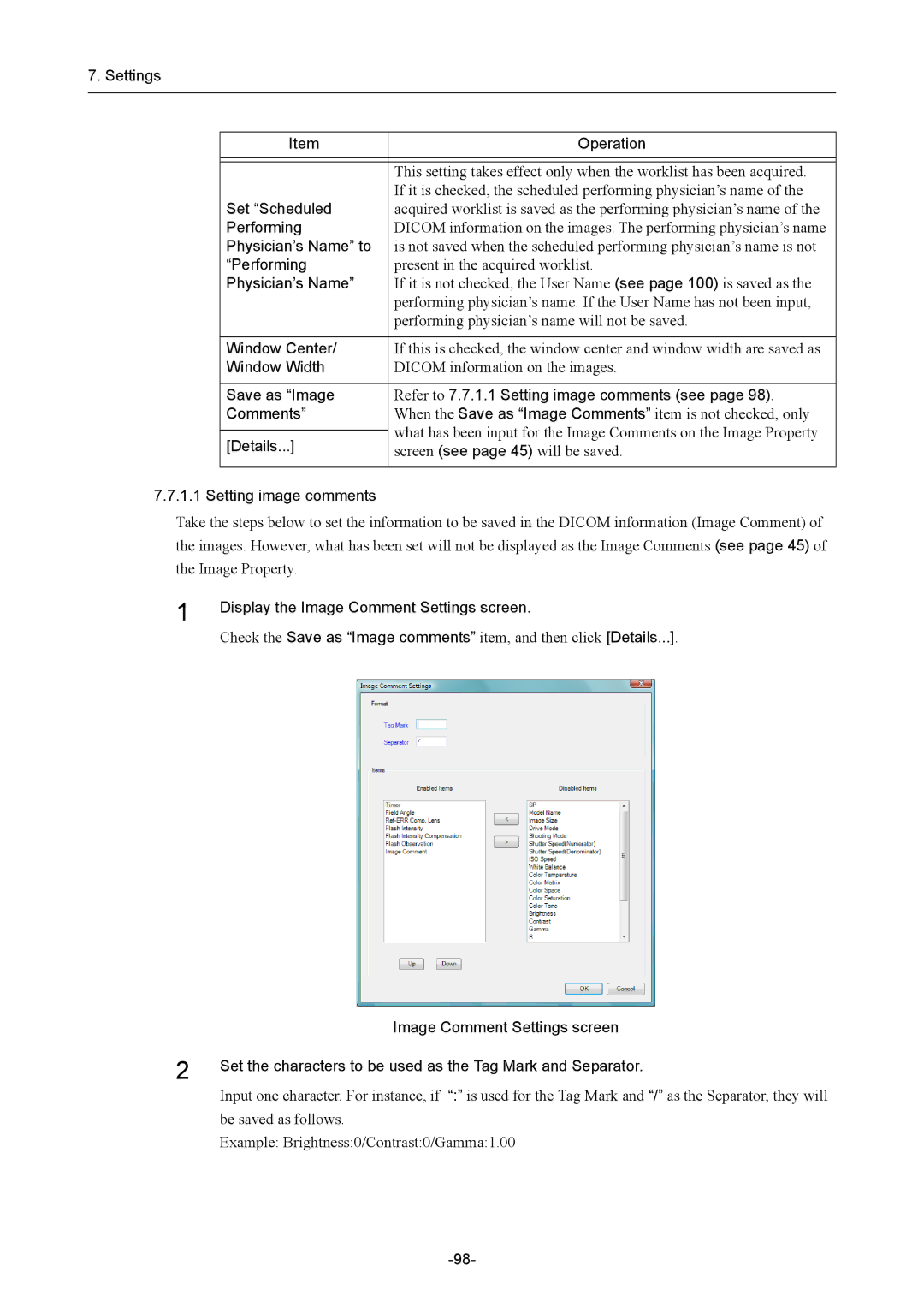 Canon CR-1 MARK II operation manual Set Scheduled, Physician’s Name to, Window Center, Window Width, Setting image comments 