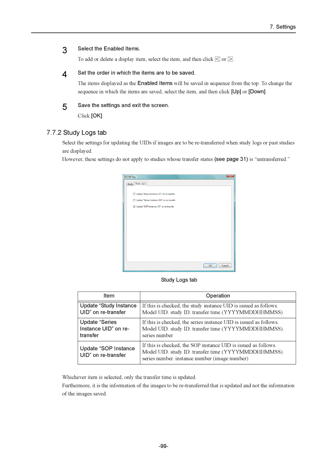 Canon CR-1 MARK II Settings Select the Enabled Items, Set the order in which the items are to be saved, Study Logs tab 