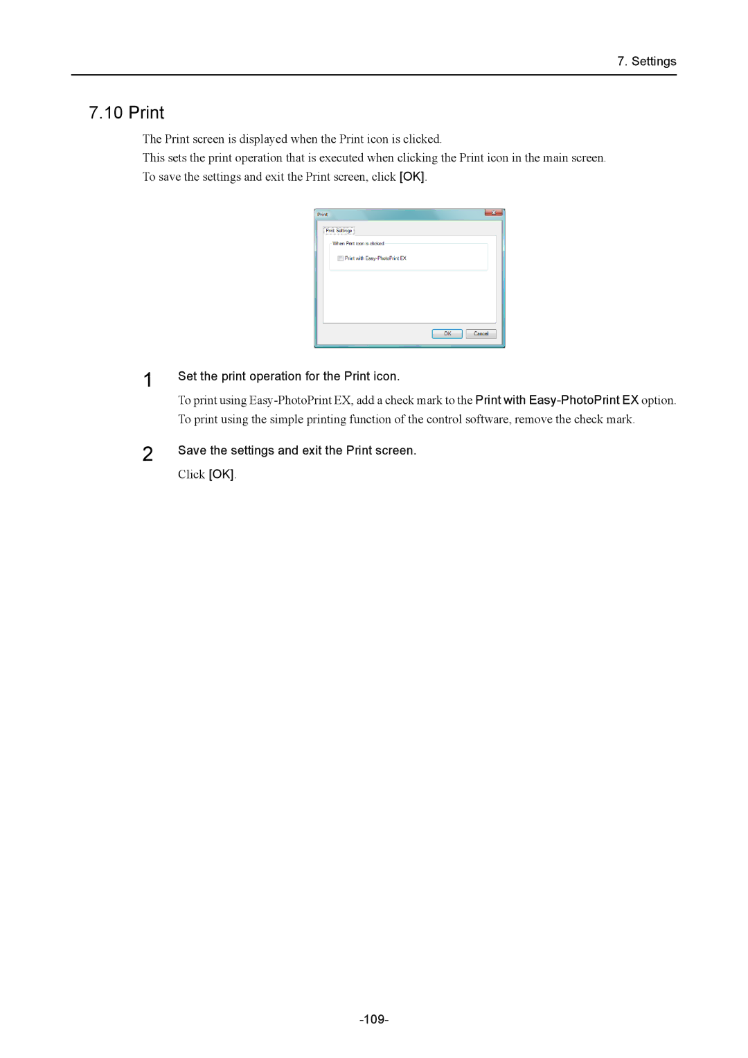 Canon CR-1 MARK II Set the print operation for the Print icon, Save the settings and exit the Print screen, 109 