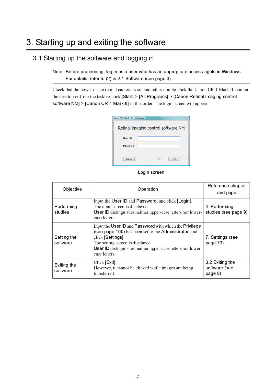 Canon CR-1 MARK II operation manual Starting up the software and logging, Studies see, Exiting, Software see 