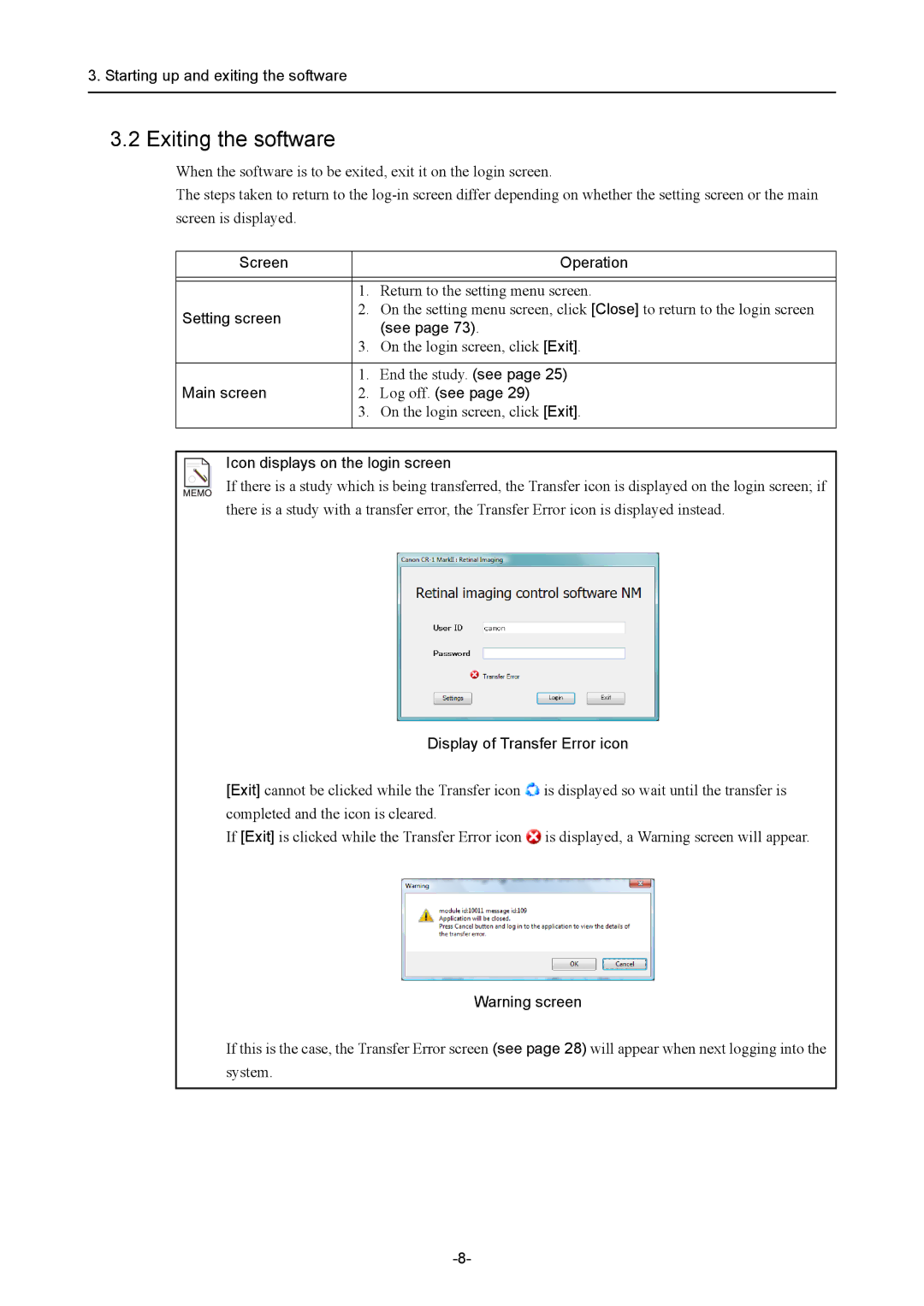 Canon CR-1 MARK II Starting up and exiting the software, Screen Operation, Setting screen, See, Main screen Log off. see 