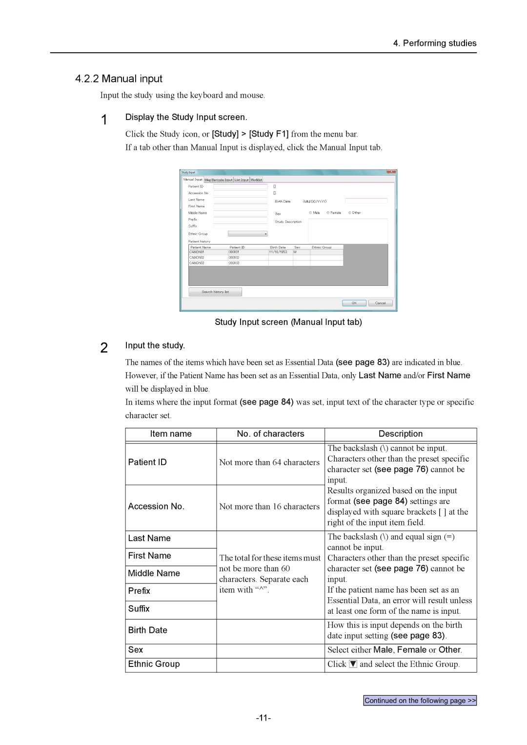 Canon CR-1 MARK II Display the Study Input screen, Study Input screen Manual Input tab Input the study, Last Name, Prefix 