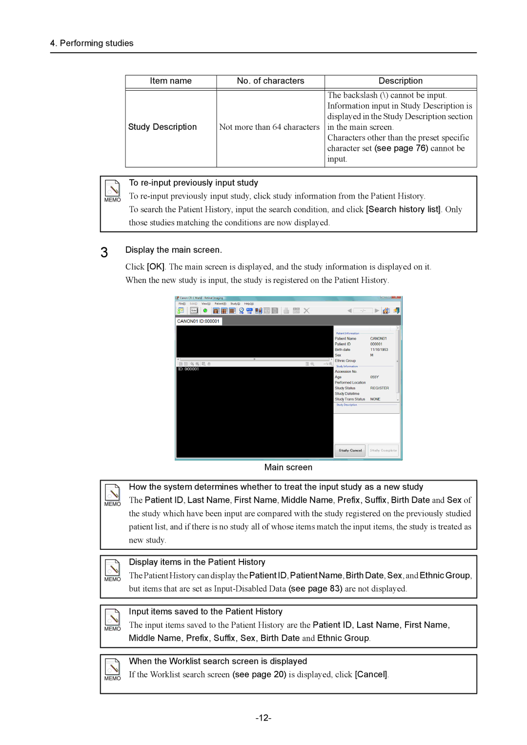 Canon CR-1 MARK II Performing studies Item name No. of characters Description, Study Description, Display the main screen 