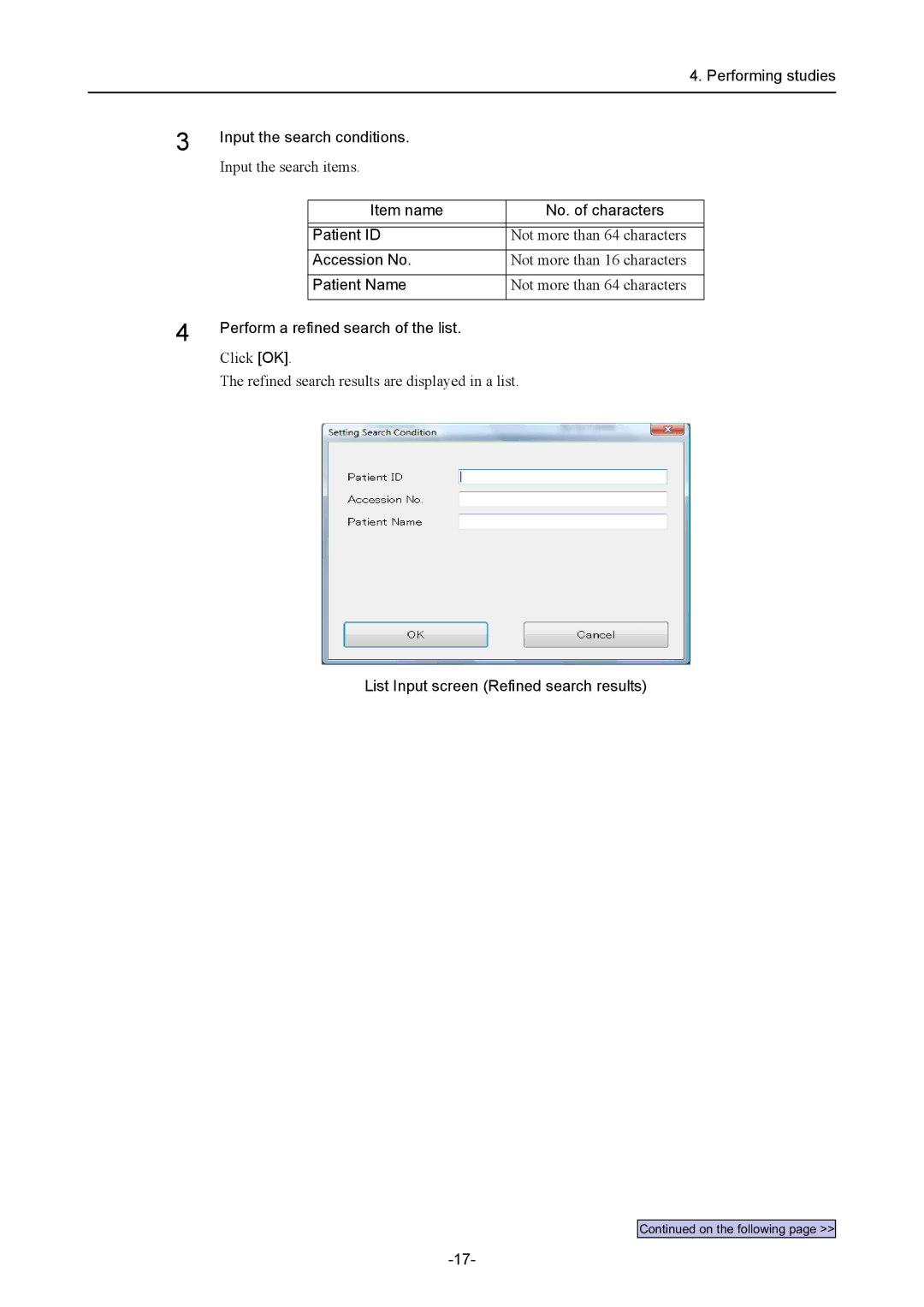 Canon CR-1 MARK II operation manual Performing studies Input the search conditions, Item name No. of characters Patient ID 