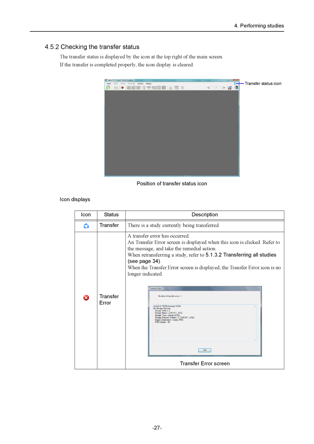 Canon CR-1 MARK II operation manual Position of transfer status icon, Icon displays Status Description Transfer 