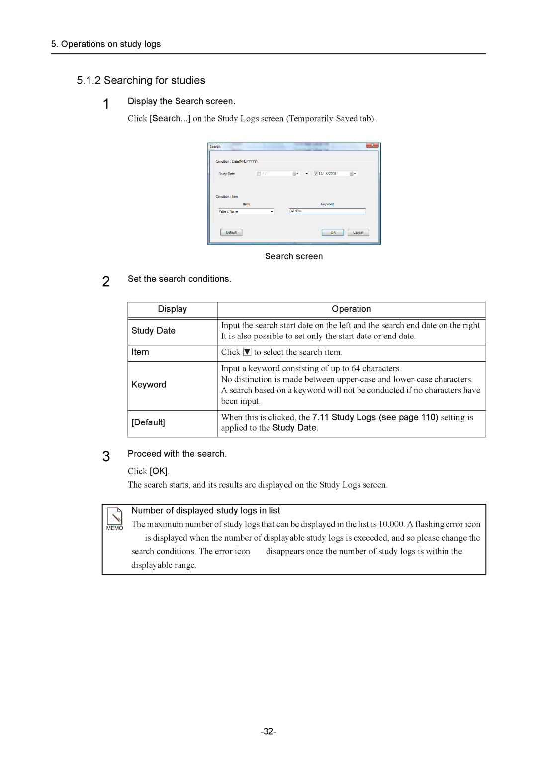 Canon CR-1 MARK II Operations on study logs, Display the Search screen, Keyword, Default, Proceed with the search 