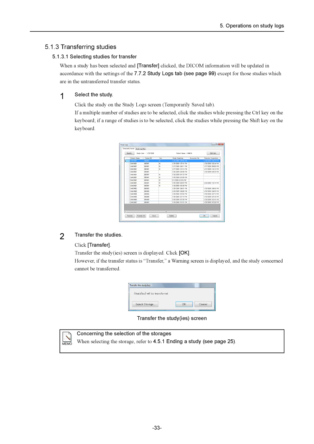 Canon CR-1 MARK II operation manual Selecting studies for transfer, Select the study, Transfer the studies, Click Transfer 