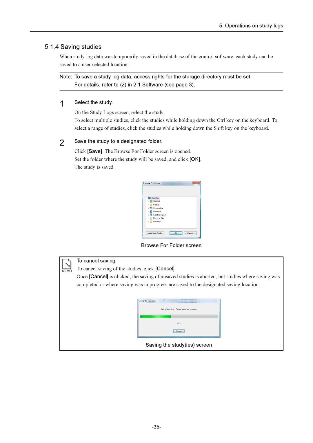 Canon CR-1 MARK II Saving studies, Save the study to a designated folder, Browse For Folder screen To cancel saving 