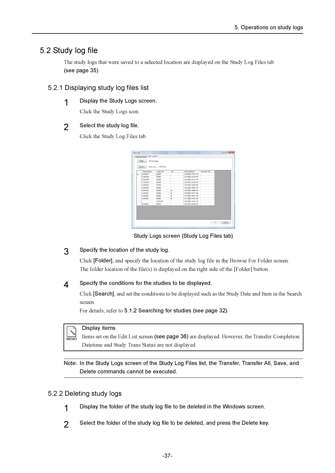 Canon CR-1 MARK II operation manual Displaying study log files list 