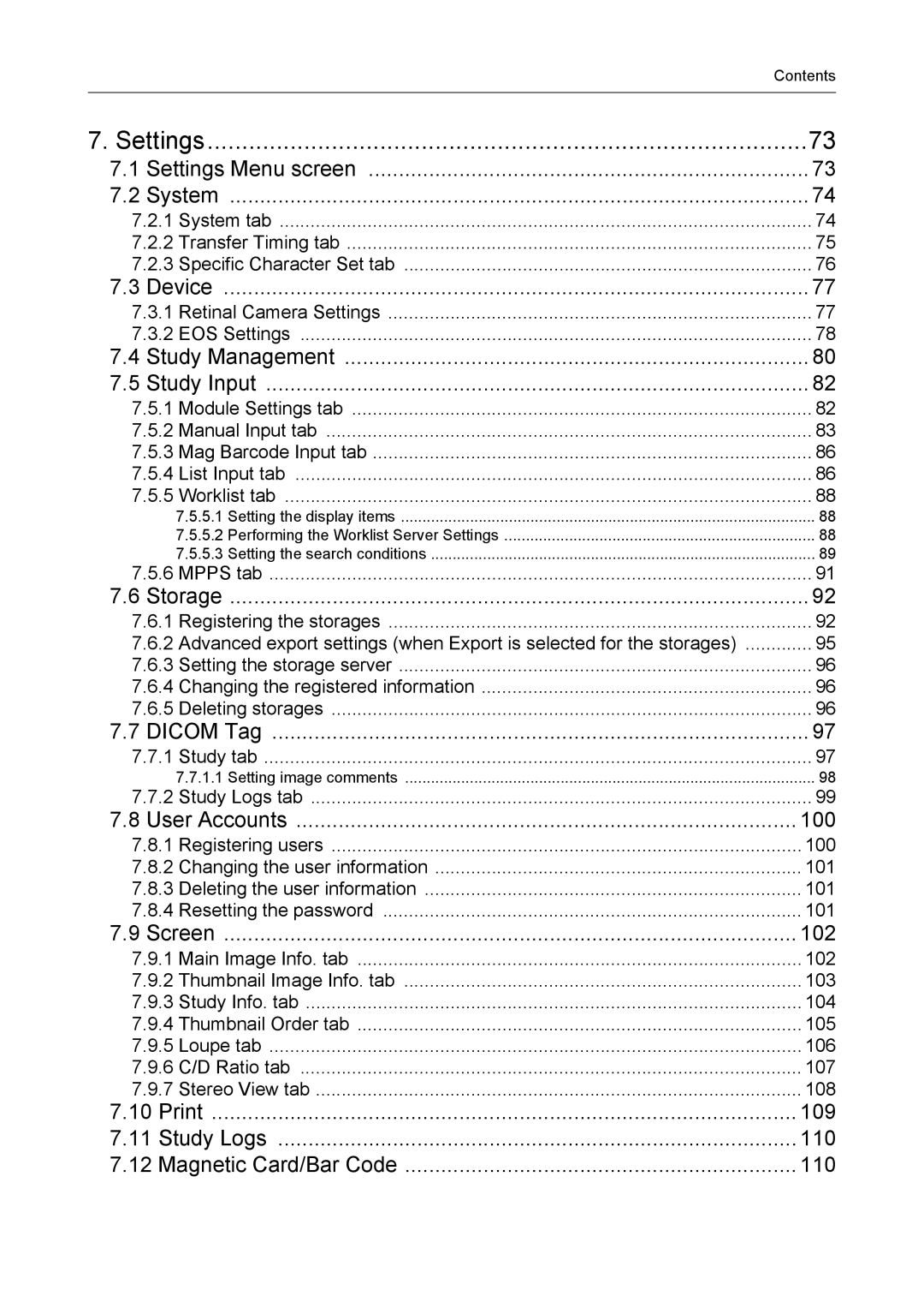 Canon CR-1 MARK II operation manual Settings, 100, 102, Print, Study Logs, Magnetic Card/Bar Code 