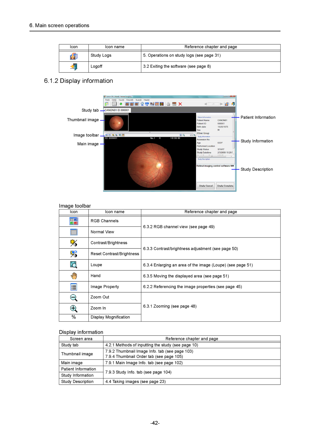 Canon CR-1 MARK II operation manual Main screen operations, Image toolbar, Display information 