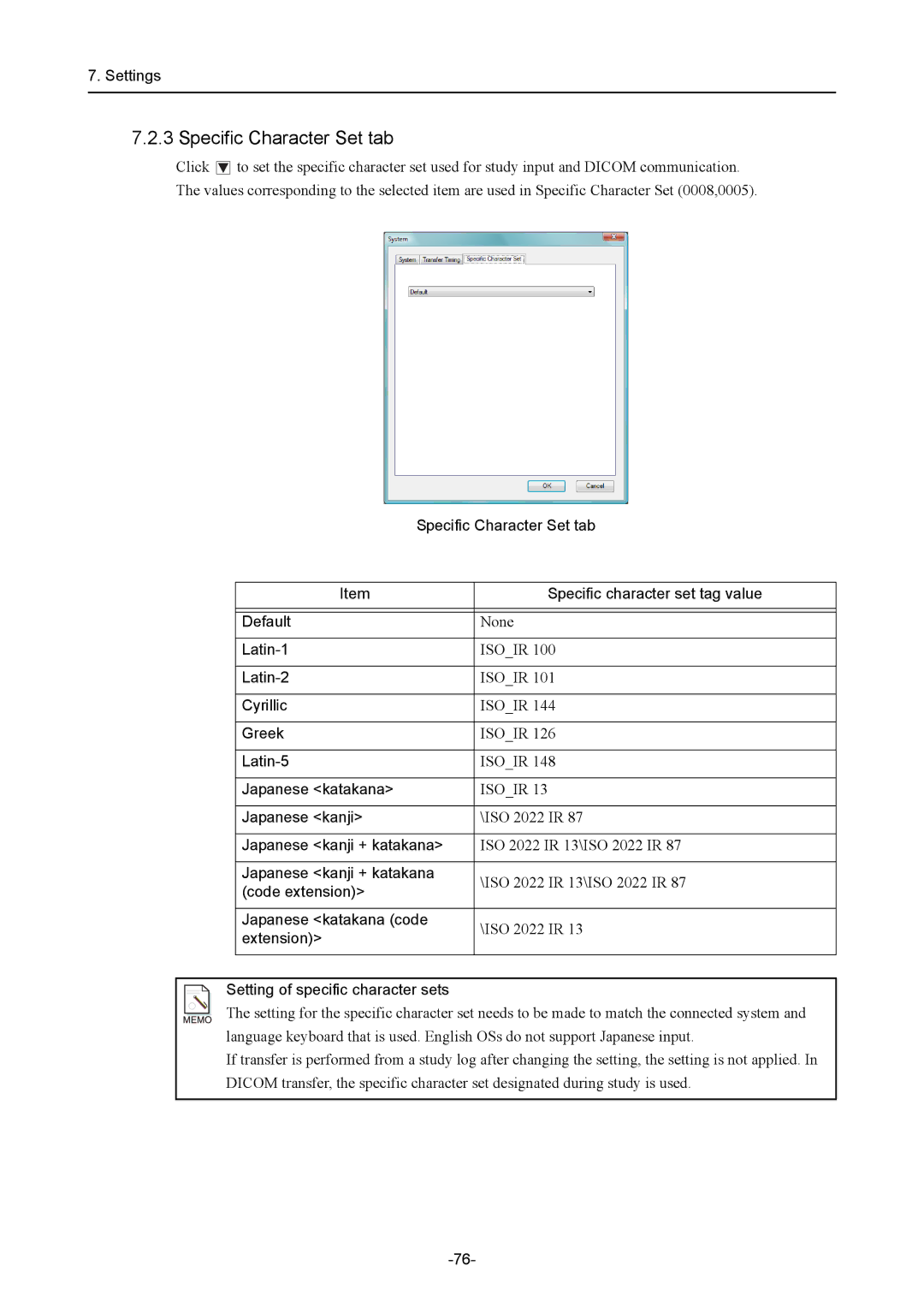 Canon CR-1 MARK II Specific Character Set tab, Specific character set tag value, Latin-1, Latin-2, Cyrillic, Greek 