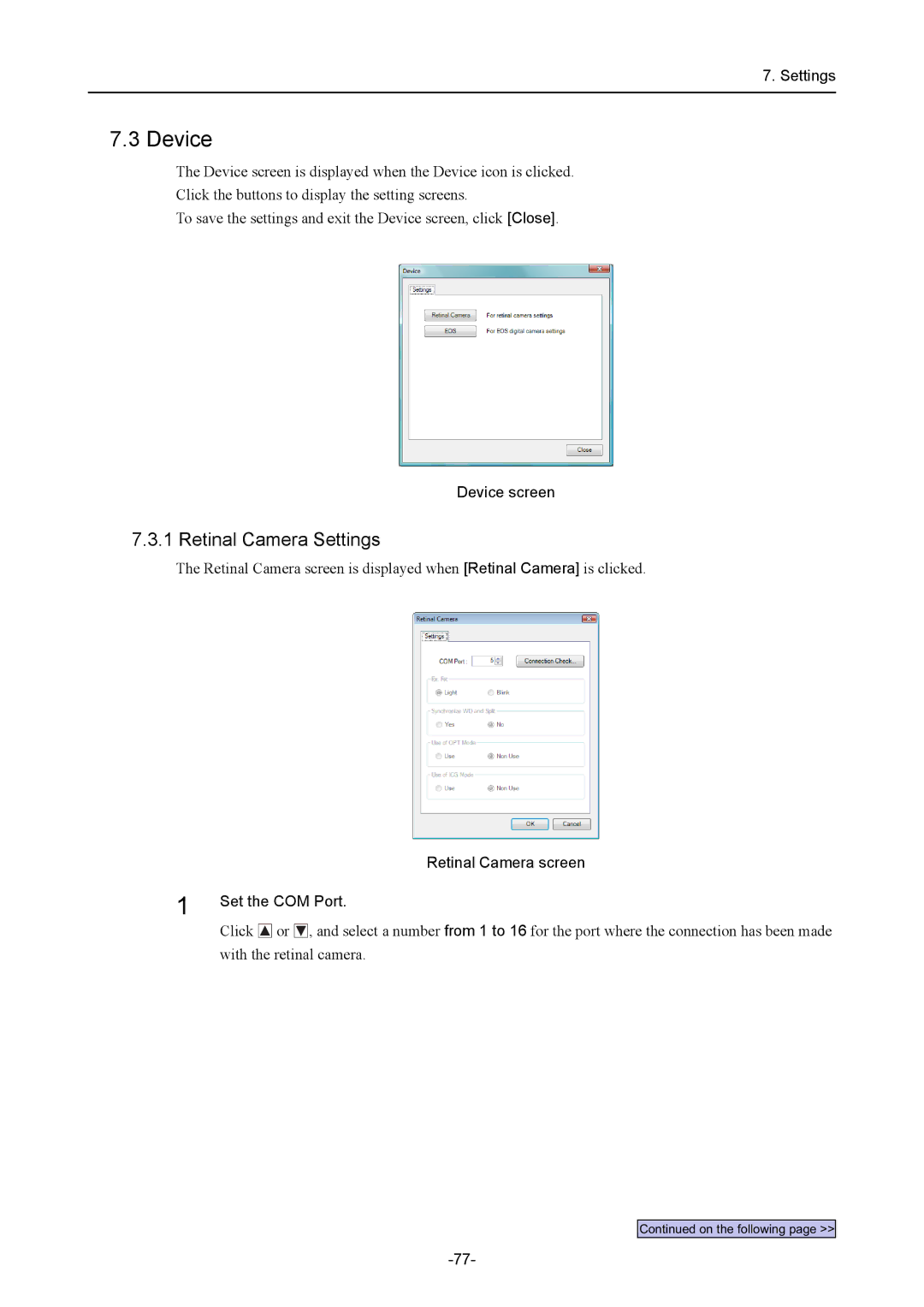 Canon CR-1 MARK II operation manual Retinal Camera Settings, Device screen, Retinal Camera screen Set the COM Port 