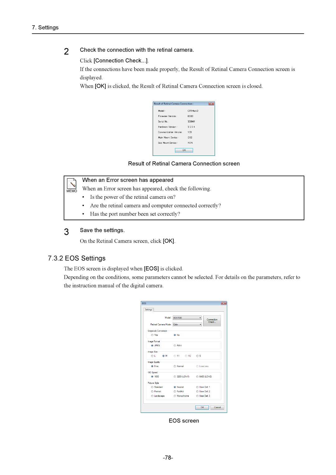 Canon CR-1 MARK II operation manual Save the settings, EOS screen 