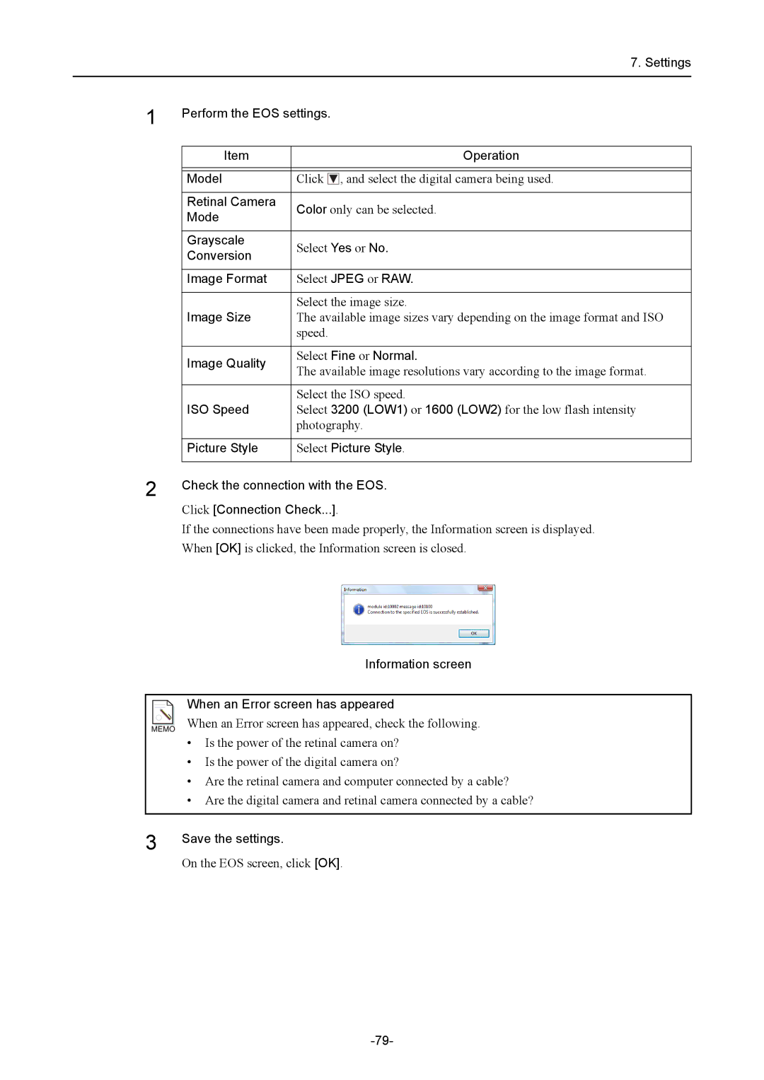 Canon CR-1 MARK II Settings Perform the EOS settings Operation Model, Retinal Camera, Grayscale, Conversion, Image Format 