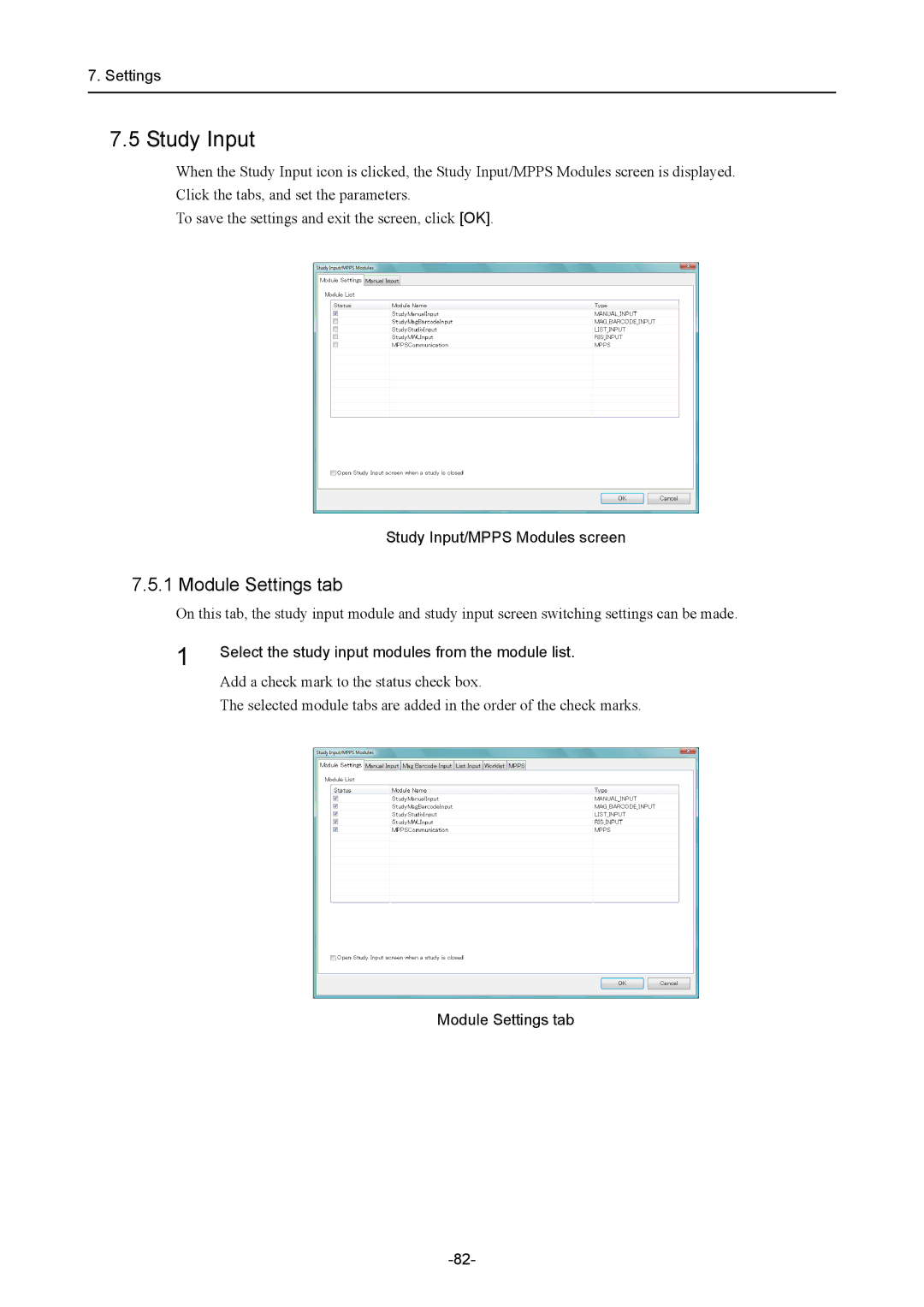 Canon CR-1 MARK II operation manual Module Settings tab, Study Input/MPPS Modules screen 