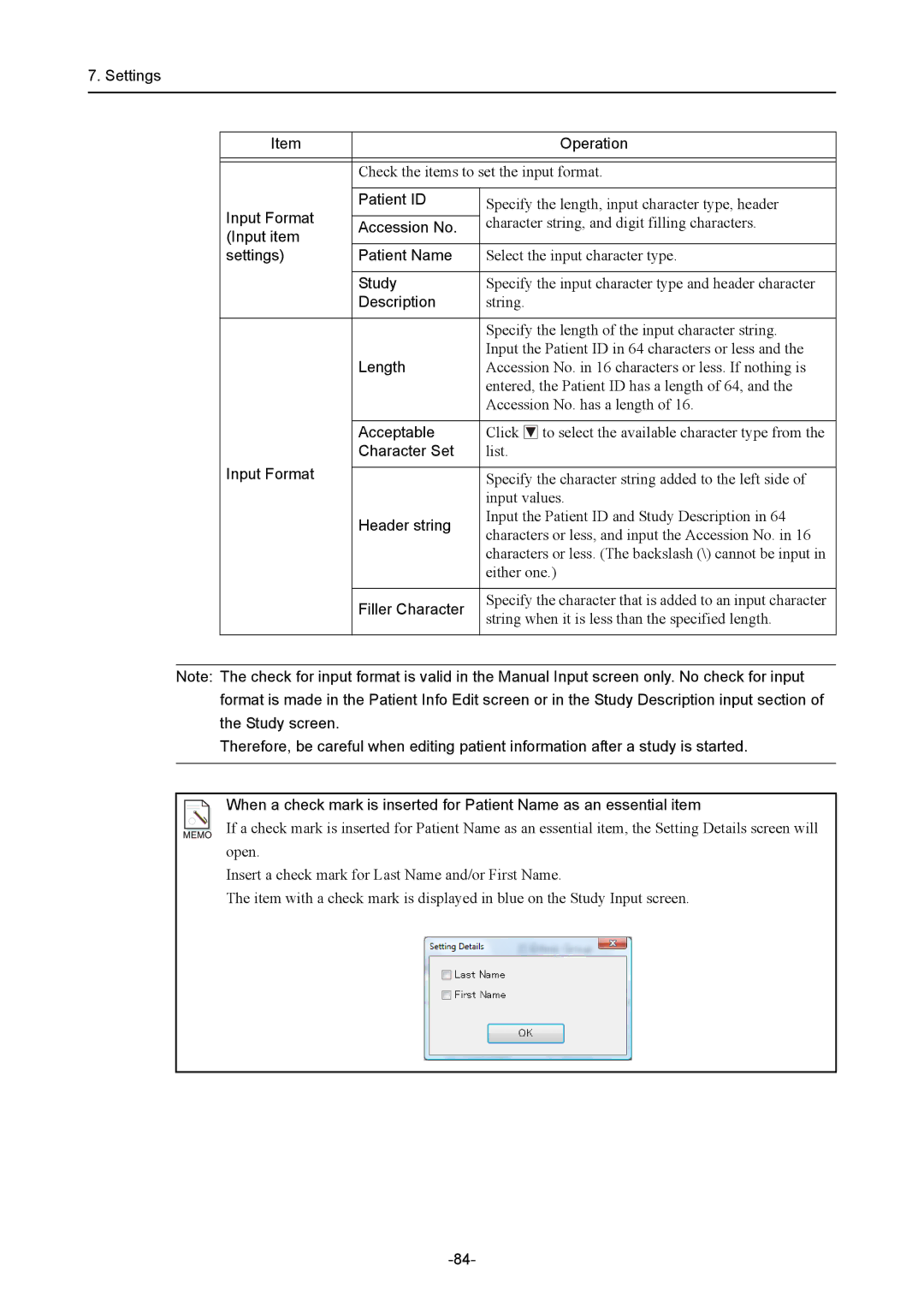 Canon CR-1 MARK II Settings Operation, Input Format Patient ID, Input item Settings Patient Name, Length, Acceptable 