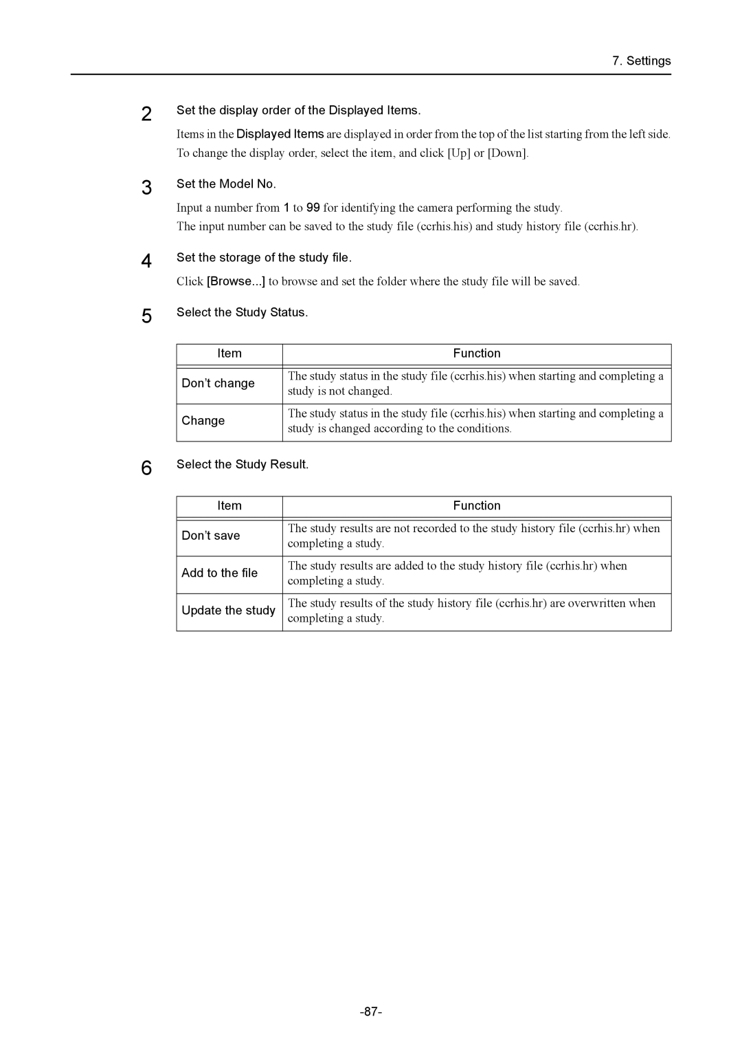 Canon CR-1 MARK II Settings Set the display order of the Displayed Items, Set the Model No, Change, Don’t save 