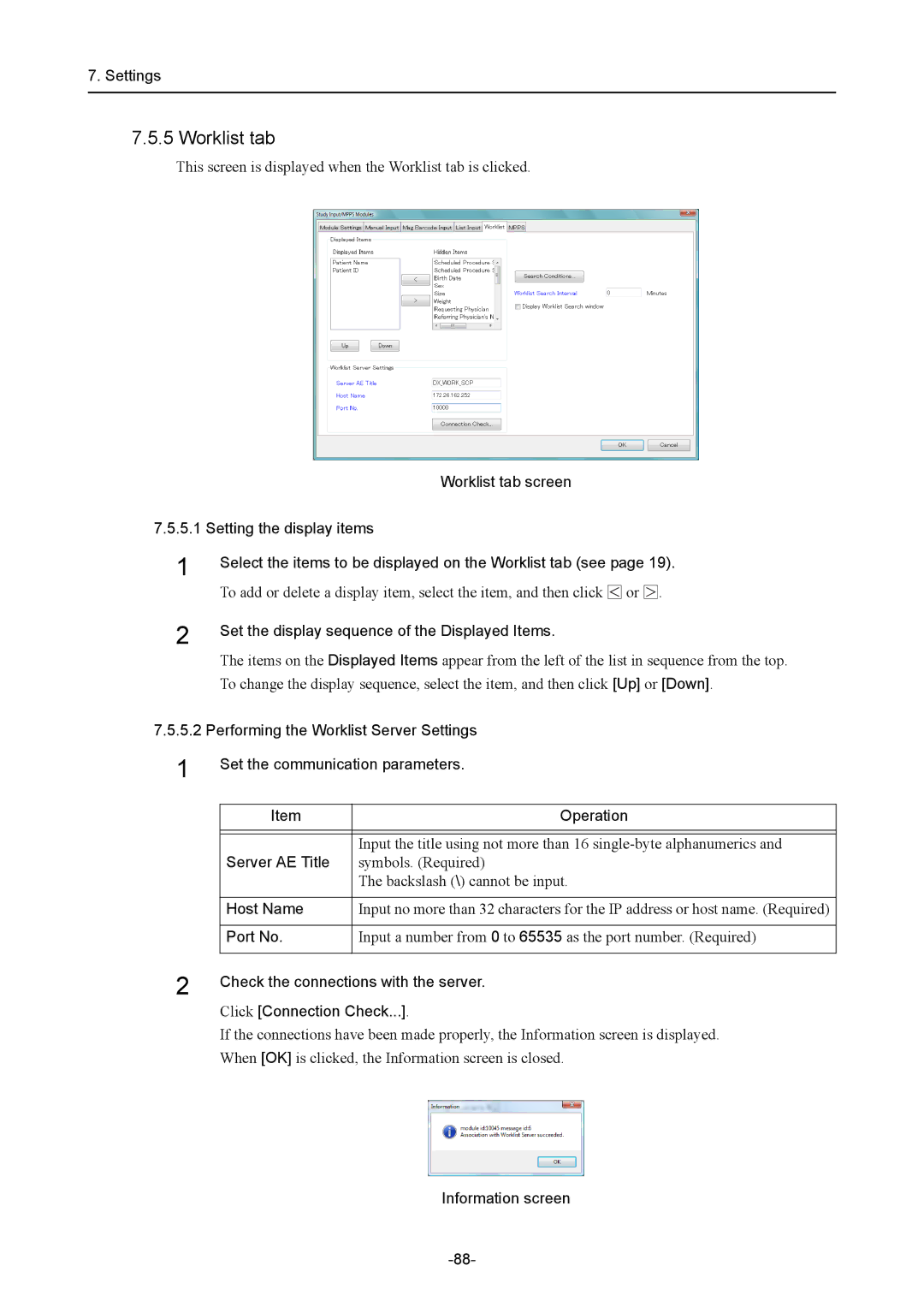 Canon CR-1 MARK II Performing the Worklist Server Settings, Set the communication parameters, Server AE Title, Host Name 