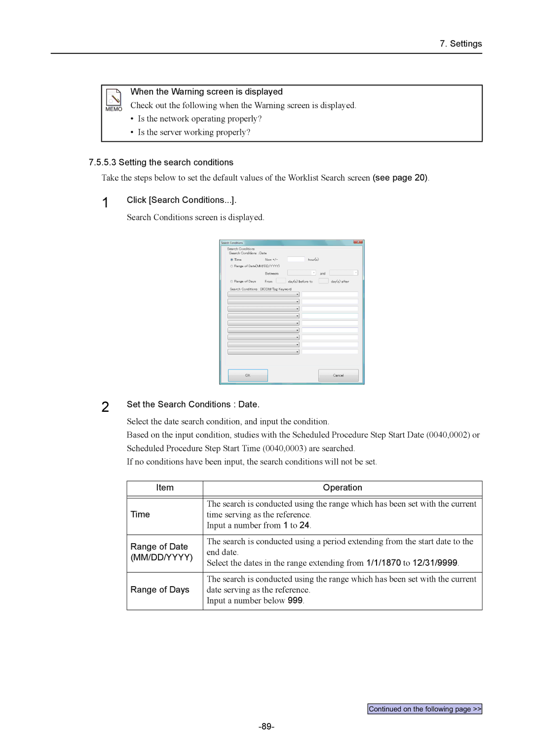 Canon CR-1 MARK II Settings When the Warning screen is displayed, Setting the search conditions, Click Search Conditions 