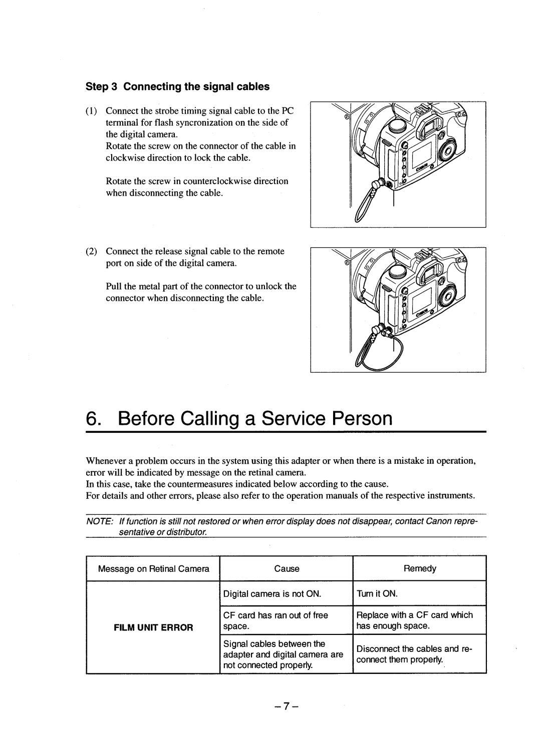 Canon CR-DA1 operation manual Before Calling a Service Person, Connecting the signal cables 