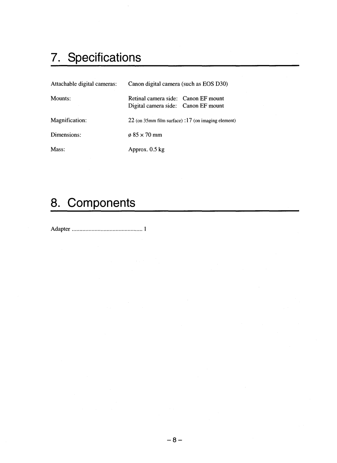 Canon CR-DA1 operation manual Specifications, Components 