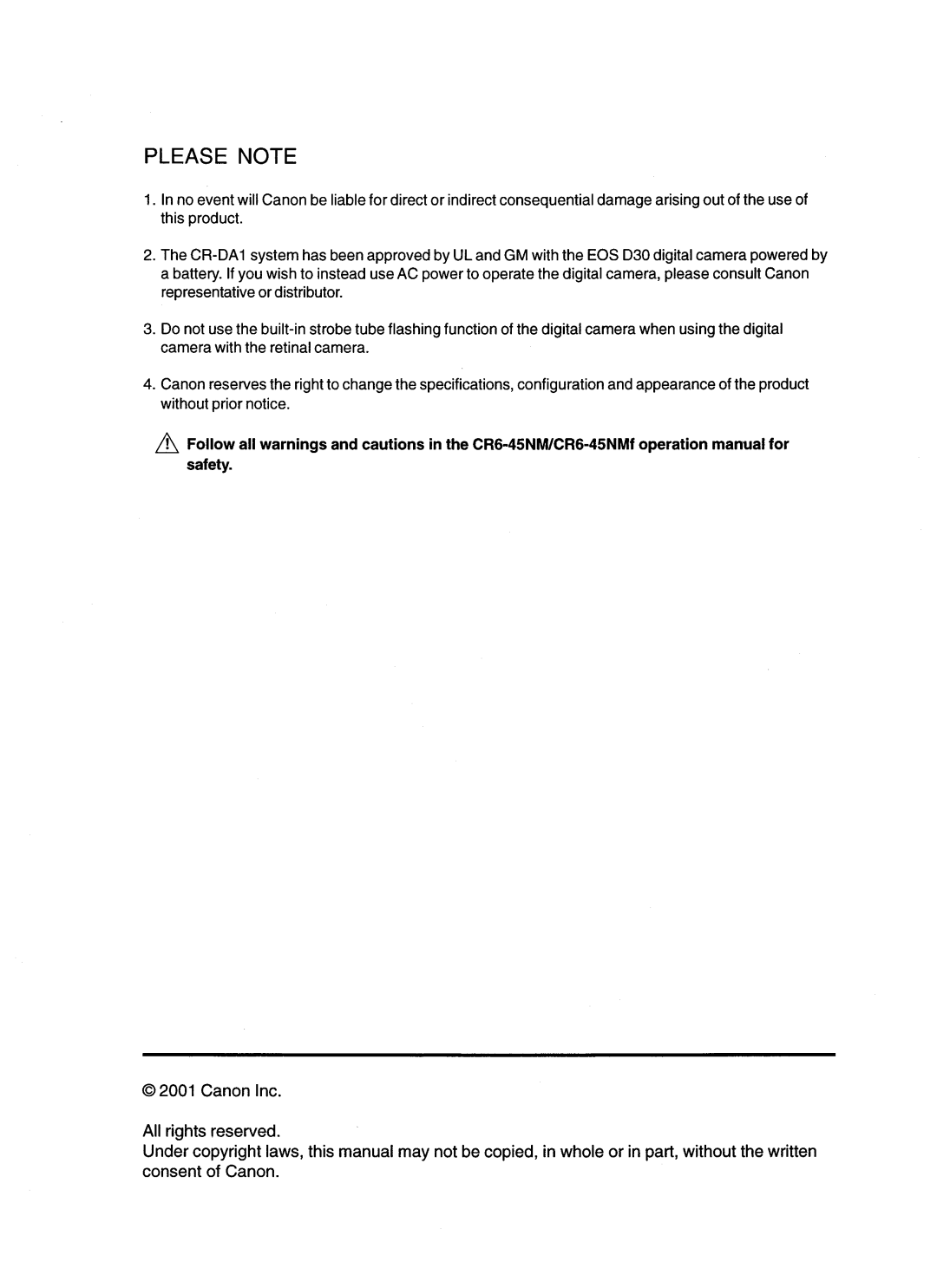 Canon CR-DA1 operation manual Please Note 