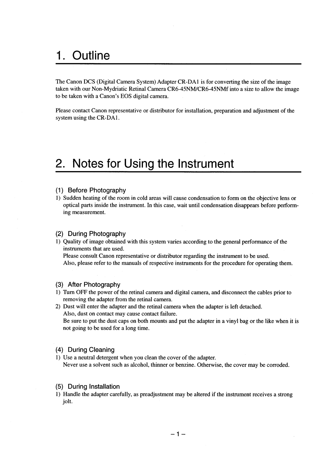 Canon CR-DA1 operation manual Outline, Before Photography 