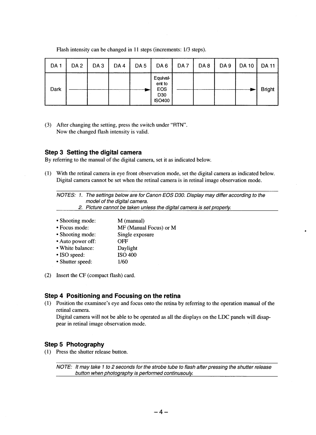 Canon CR-DA1 operation manual Setting the digital camera, Positioning and Focusing on the retina, Photography 