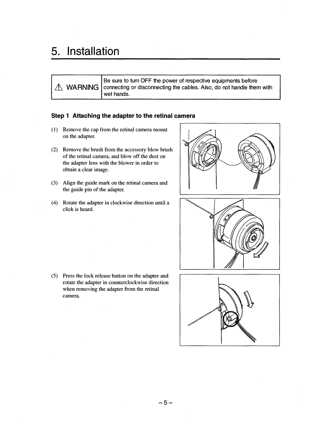 Canon CR-DA1 operation manual Installation, Attaching the adapter to the retinal camera 