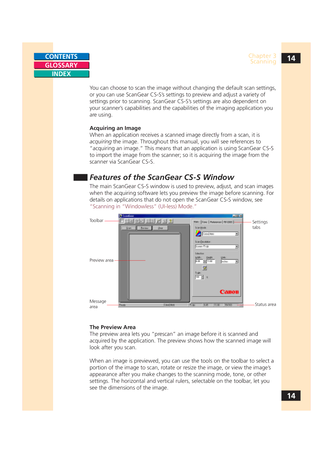 Canon CS-S 4.3 manual Features of the ScanGear CS-S Window, Acquiring an Image, Preview Area 