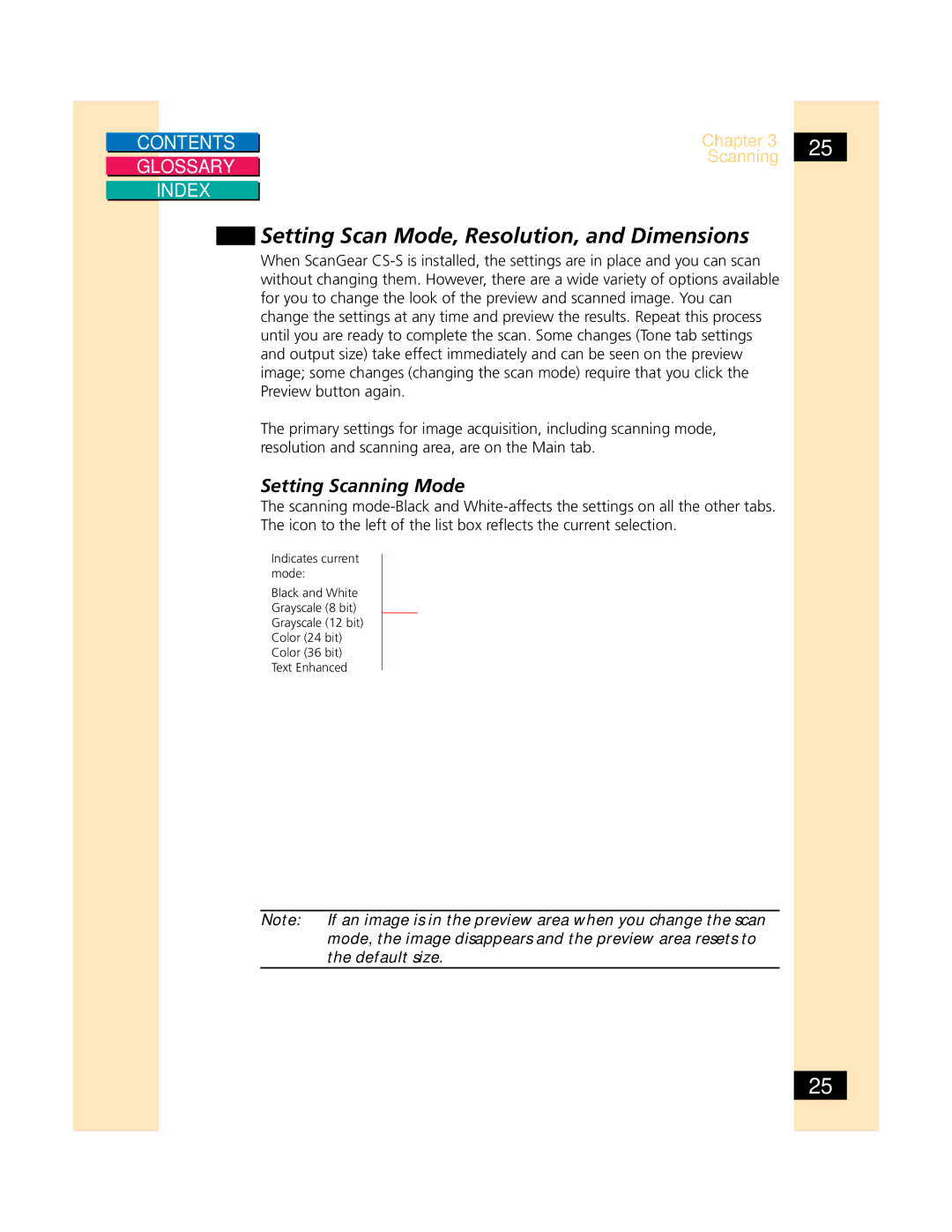 Canon CS-S 4.3 manual Setting Scan Mode, Resolution, and Dimensions, Setting Scanning Mode 