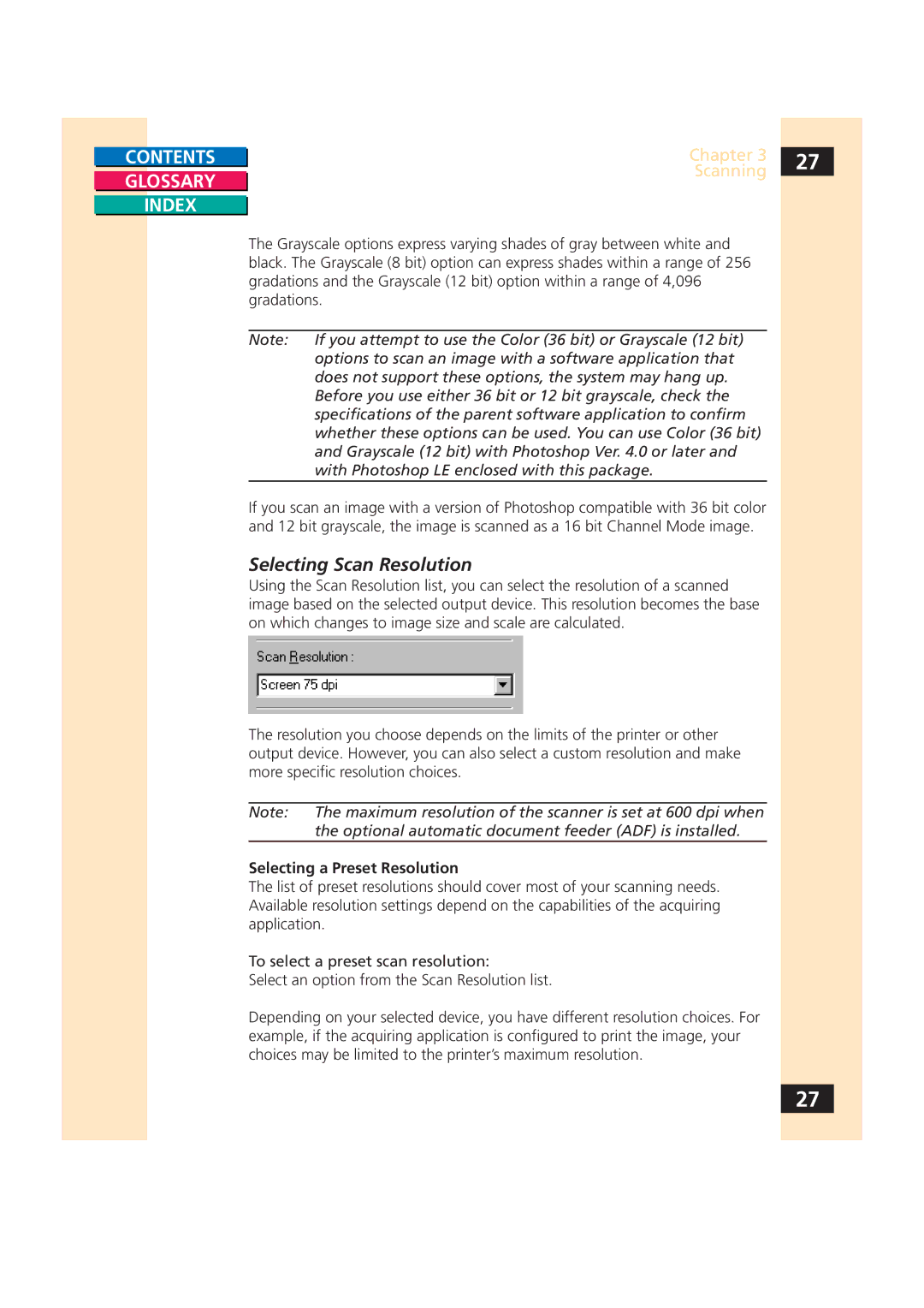 Canon CS-S 4.3 manual Selecting Scan Resolution, Selecting a Preset Resolution 