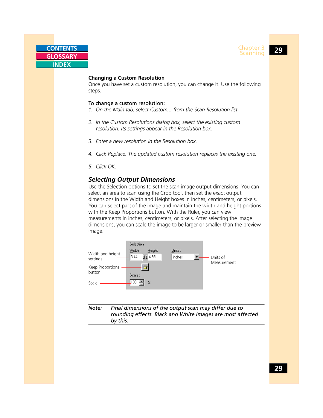 Canon CS-S 4.3 manual Selecting Output Dimensions, Changing a Custom Resolution 