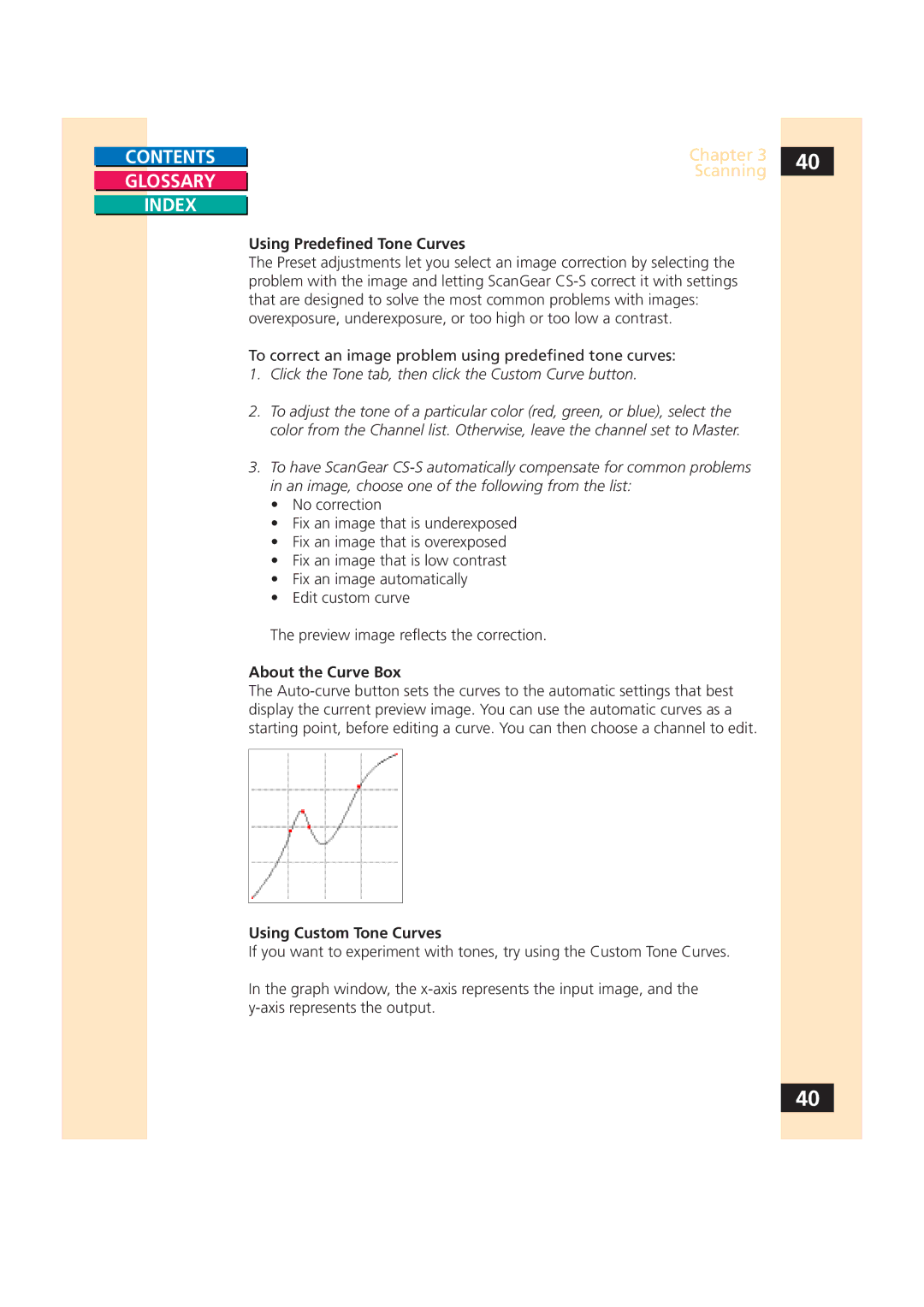 Canon CS-S 4.3 manual Using Predefined Tone Curves, About the Curve Box, Using Custom Tone Curves 