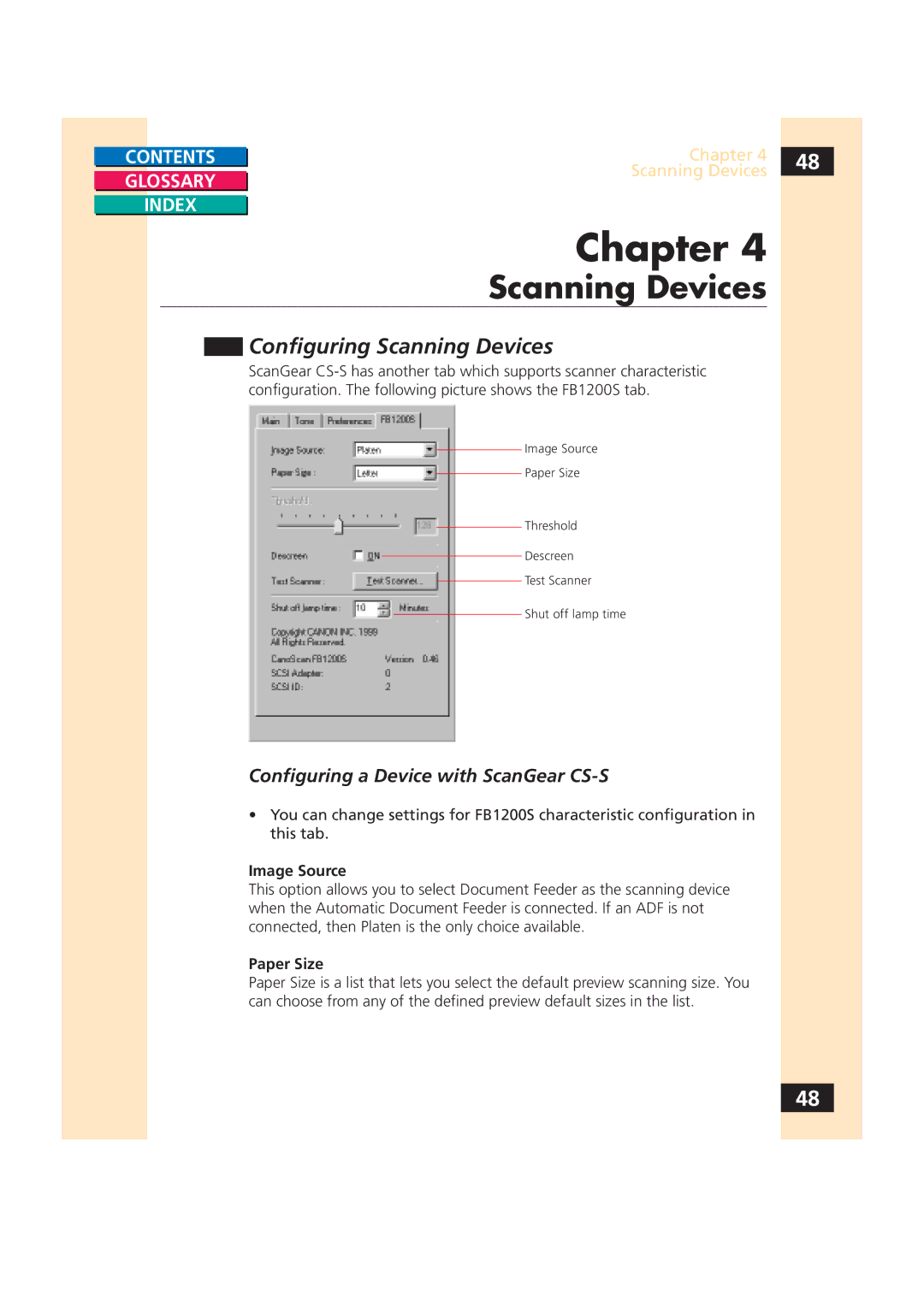 Canon CS-S 4.3 manual Configuring Scanning Devices, Configuring a Device with ScanGear CS-S, Image Source, Paper Size 