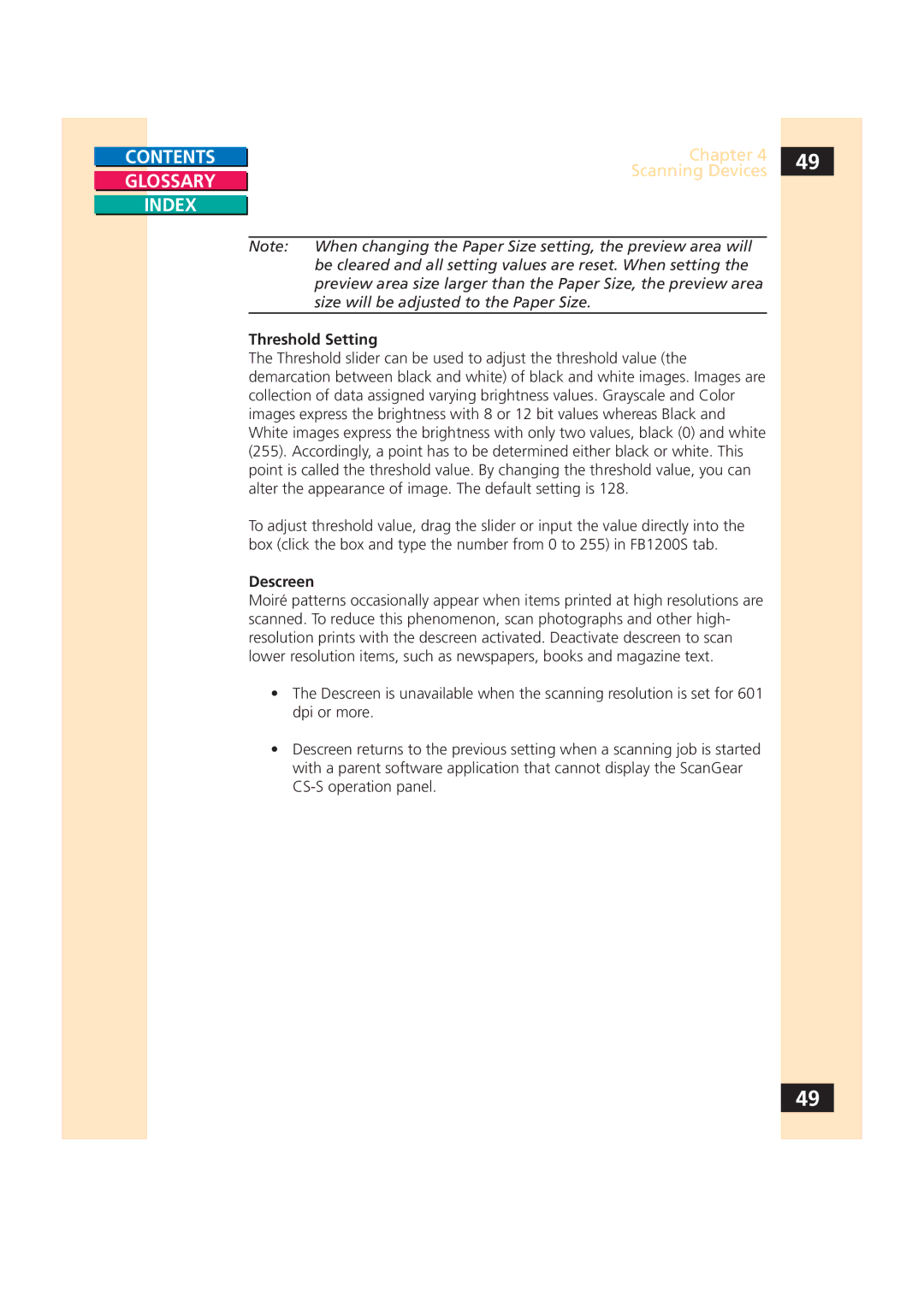 Canon CS-S 4.3 manual Threshold Setting, Descreen 