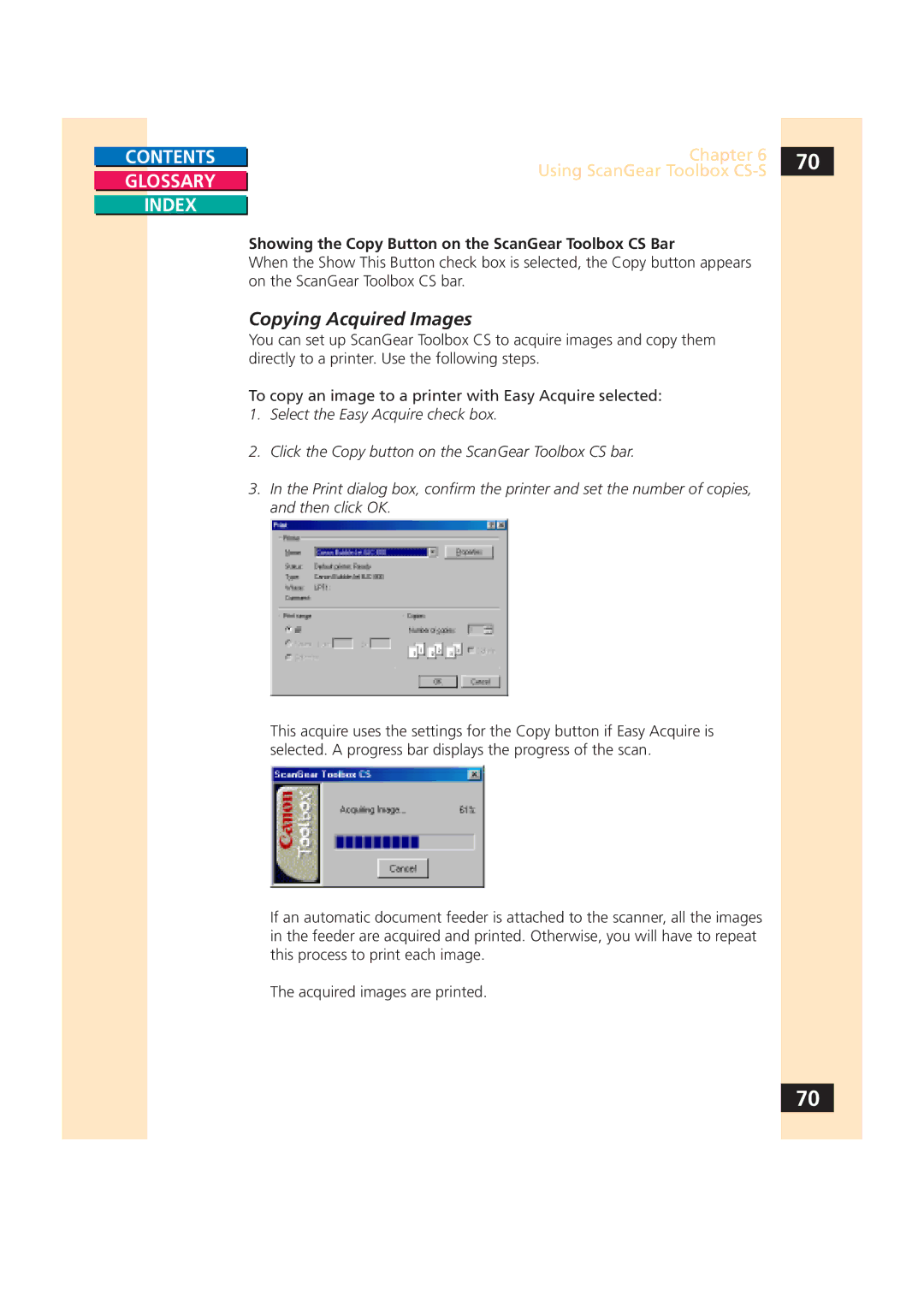 Canon CS-S 4.3 manual Copying Acquired Images, Showing the Copy Button on the ScanGear Toolbox CS Bar 