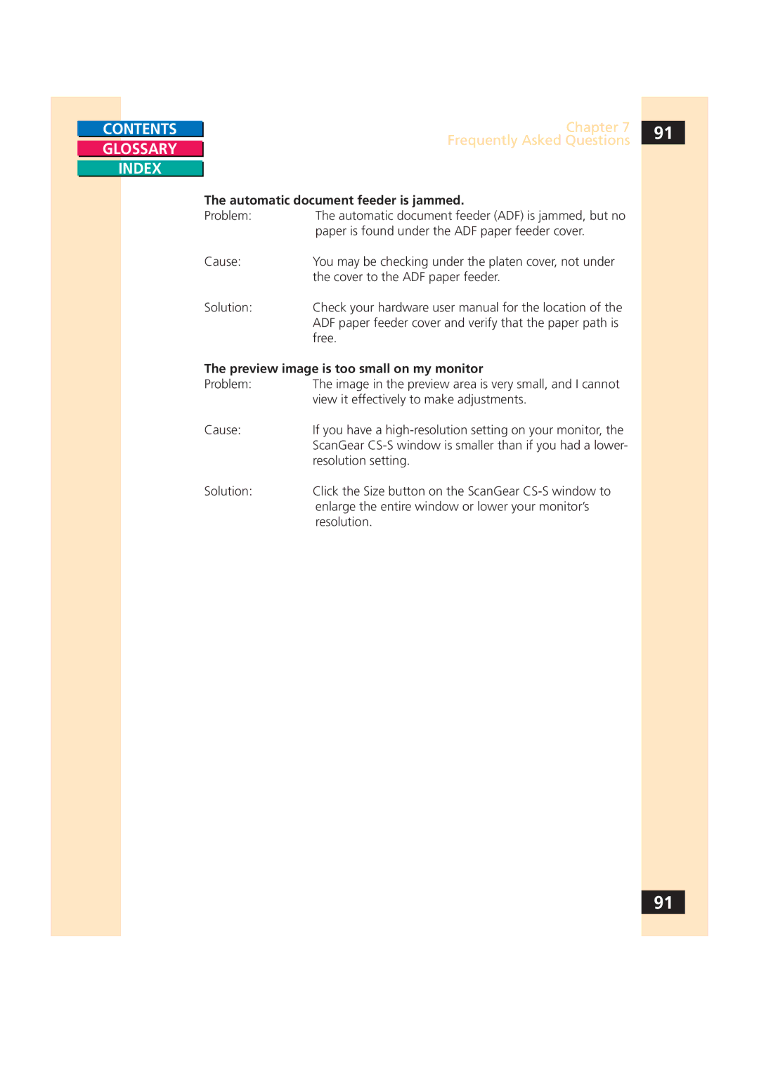 Canon CS-S 4.3 manual Automatic document feeder is jammed, Preview image is too small on my monitor 