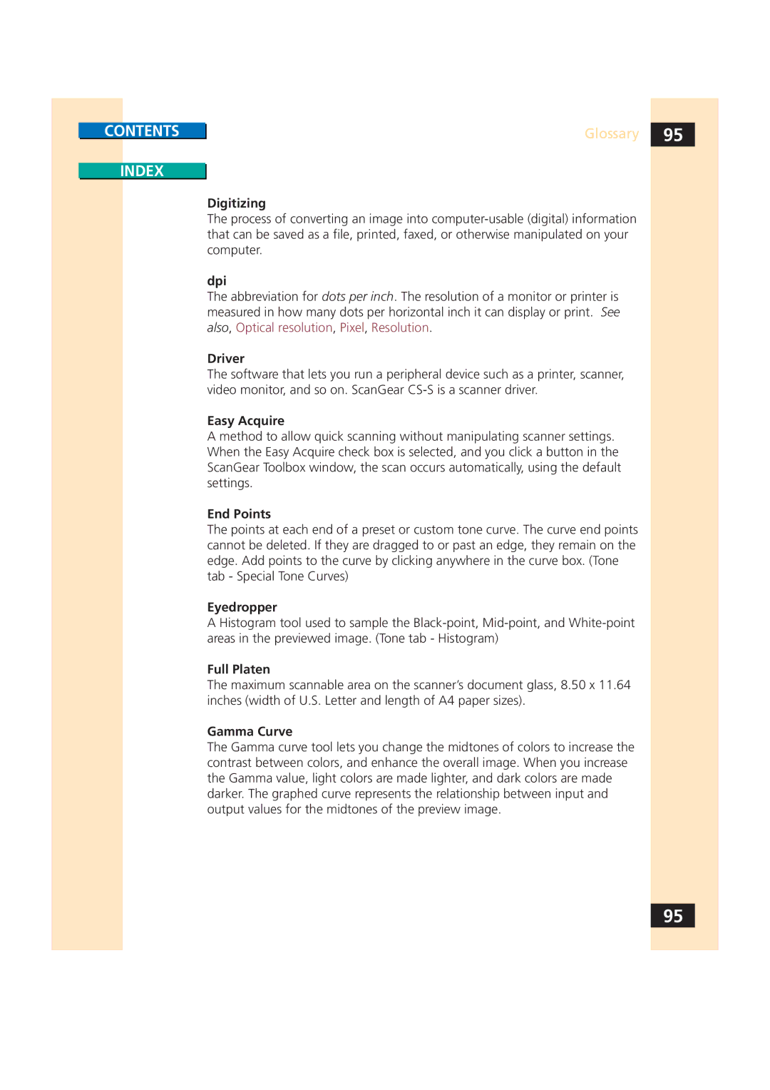 Canon CS-S 4.3 manual Digitizing, Dpi, Driver, Easy Acquire, End Points, Eyedropper, Full Platen, Gamma Curve 