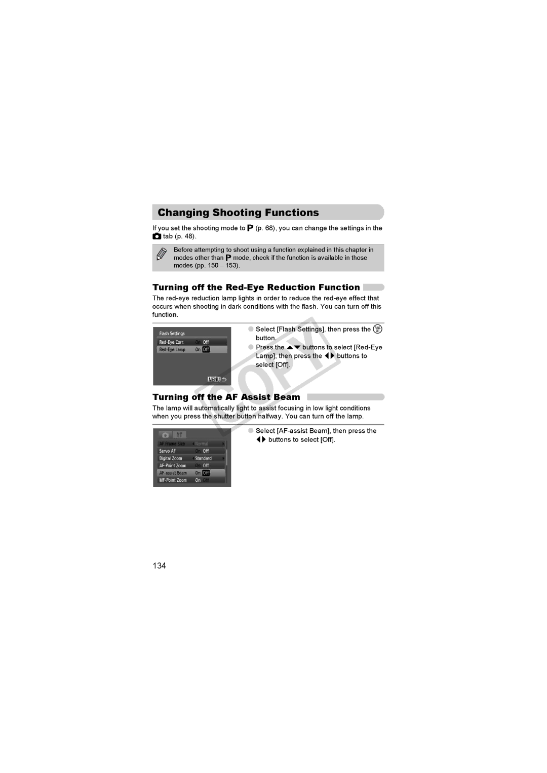 Canon D10BLU Changing Shooting Functions, Turning off the Red-Eye Reduction Function, Turning off the AF Assist Beam, 134 