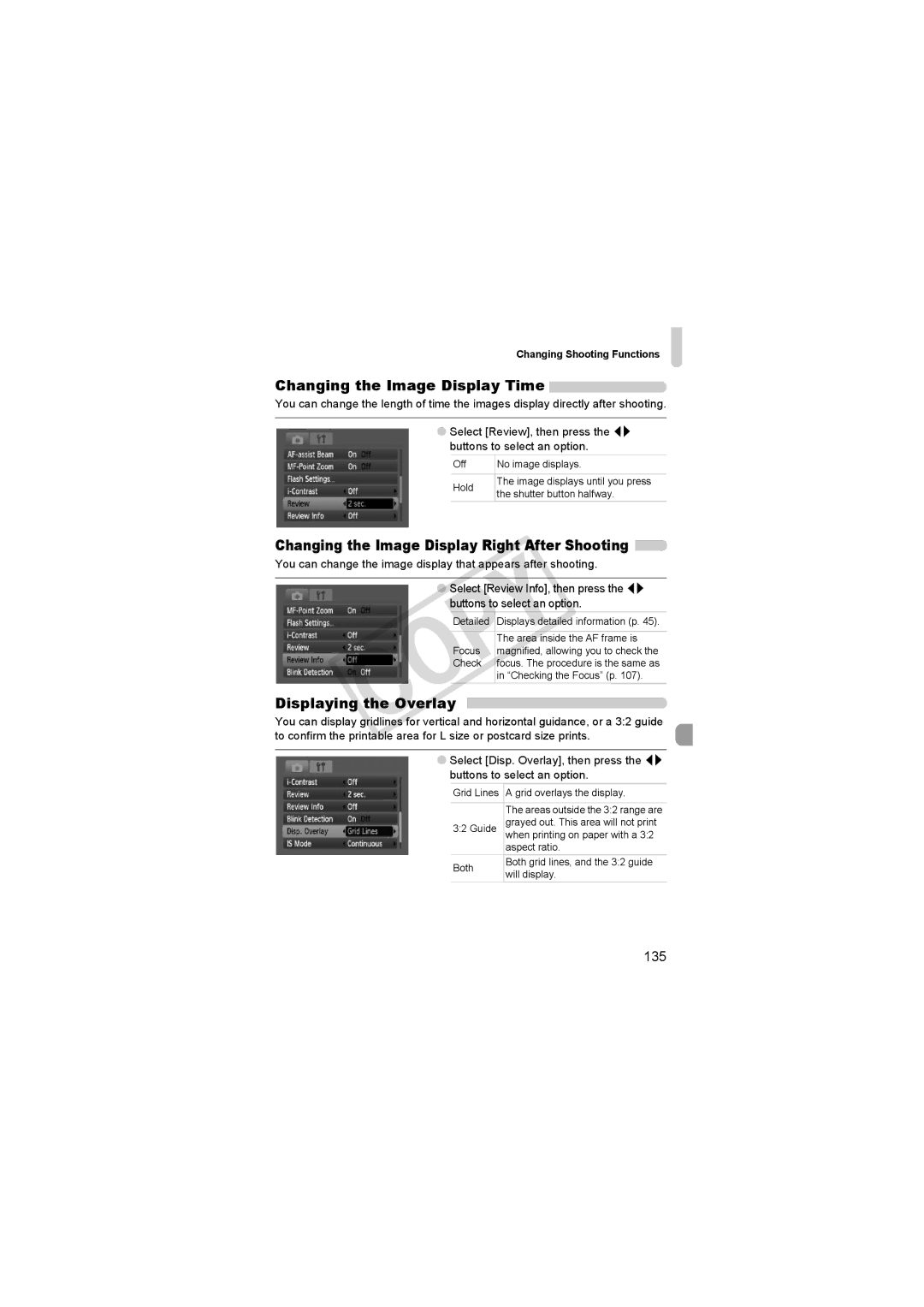 Canon 3508B001 Changing the Image Display Time, Displaying the Overlay, Changing the Image Display Right After Shooting 