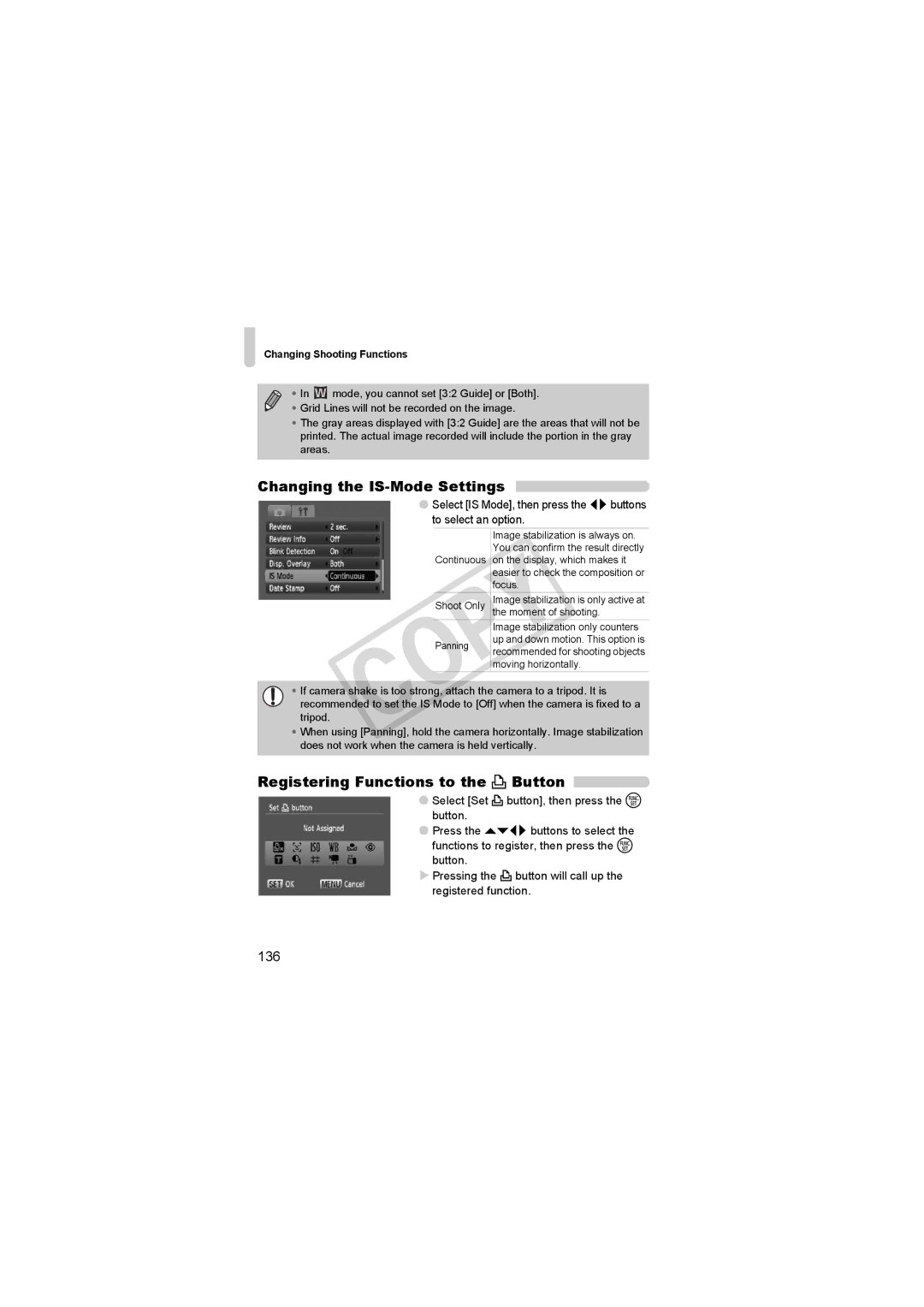 Canon D10BLU, 3508B001 Changing the IS-Mode Settings, Registering Functions to the c Button, 136 