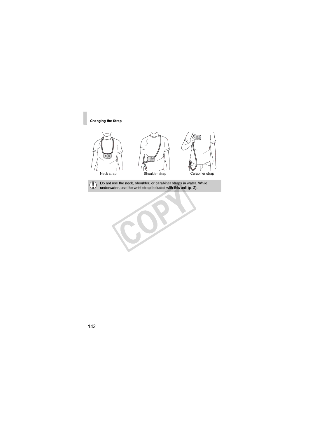 Canon D10BLU, 3508B001 important safety instructions 142, Changing the Strap 