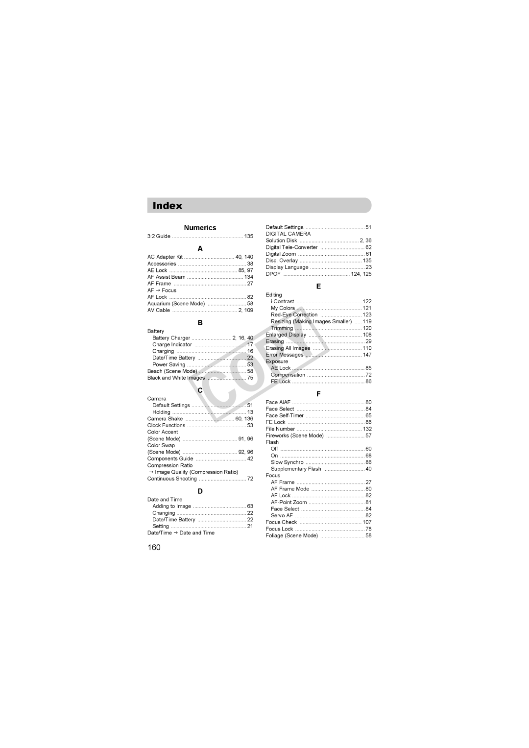 Canon D10BLU, 3508B001 important safety instructions Index, 160, Numerics 