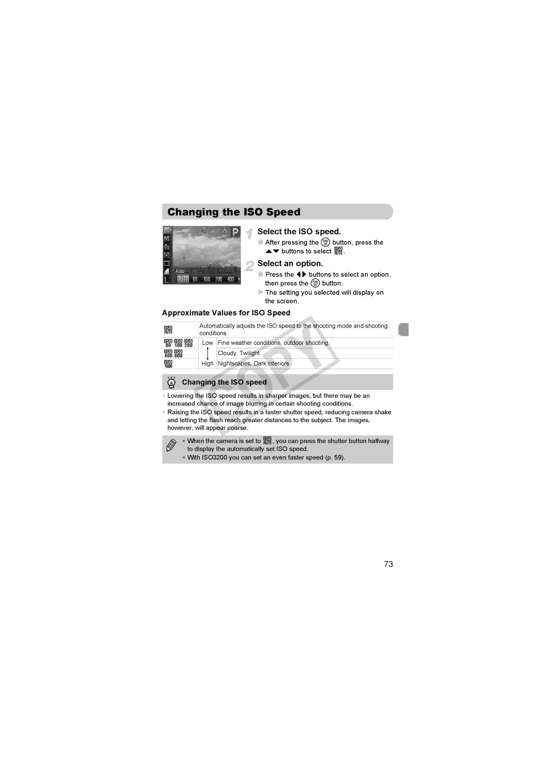 Canon 3508B001 Changing the ISO Speed, Select the ISO speed, Approximate Values for ISO Speed, Changing theISOspeed 