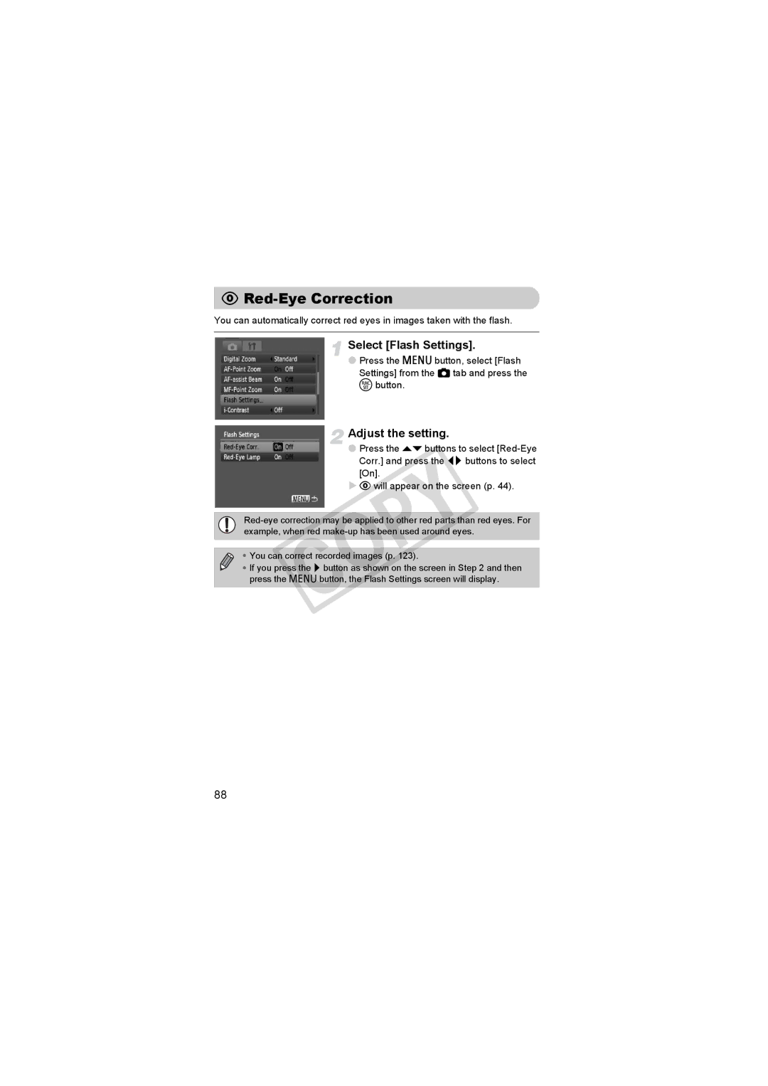 Canon D10BLU, 3508B001 important safety instructions Red-Eye Correction, Select Flash Settings, Adjust the setting 