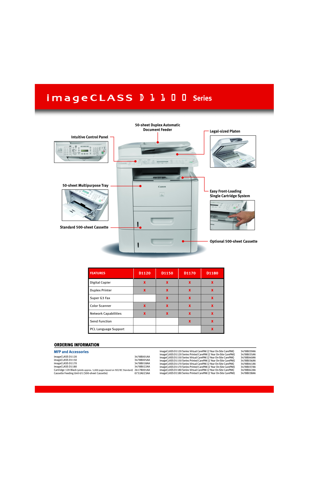 Canon D1150 Series, Ordering Information, Intuitive Control Panel 50-sheet Multipurpose Tray Easy Front-Loading, D1120 