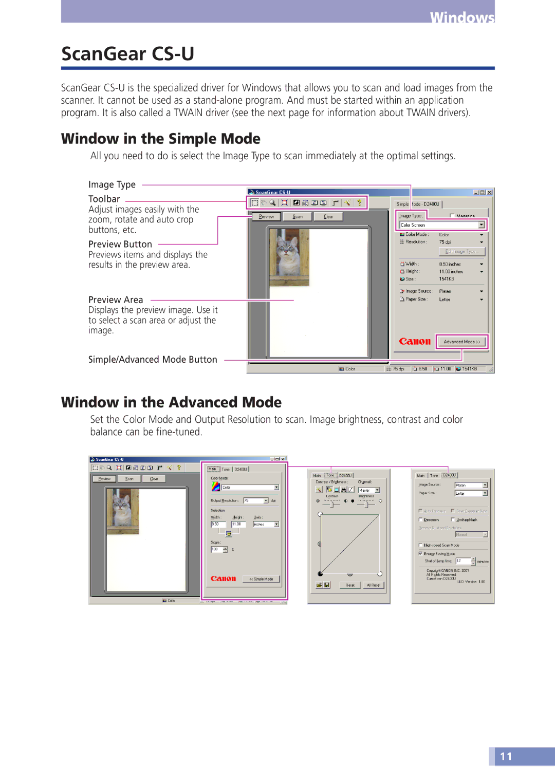 Canon D1230U/D2400U manual ScanGear CS-U, Window in the Simple Mode, Window in the Advanced Mode 