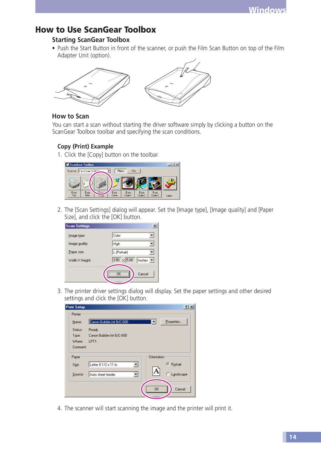 Canon D1230U/D2400U manual How to Use ScanGear Toolbox, Starting ScanGear Toolbox, How to Scan, Copy Print Example 